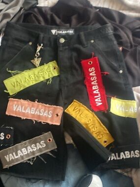 Black Men’s Patchwork Jean Shorts with Multicolor Valabasas Patches